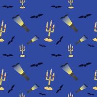 Bats, lanterns and candelabras on a blue background, Halloween. Vector color pattern