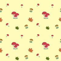 Fly agaric, mushrooms and maple leaves on yellow background, fall. Vector pattern