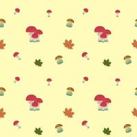 Fly agaric, mushrooms and maple leaves on yellow background, fall. Vector pattern