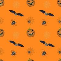 Pumpkins, cobwebs and spiders on an orange background, Halloween. Vector color pattern