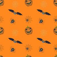 Pumpkins, cobwebs and spiders on an orange background, Halloween. Vector color pattern