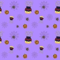 Spiders, cobwebs, potion cauldron, pumpkin, Halloween. Vector color pattern
