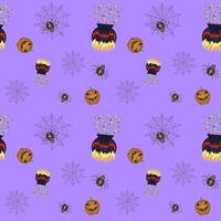 Spiders, cobwebs, potion cauldron, pumpkin, Halloween. Vector color pattern