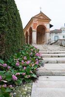Stairs to beautiful corridor with paintings at Baveno, Italy photo