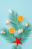 Tropical beach concept made with green palm leaves, red starfish, orange fruit and sea shells on pastel blue background. Minimal summer exotic layout. Creative flat lay. Summer aesthetic. photo