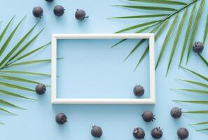 Blueberries and tropical palm leaves with white frame copy space on light blue background. Creative minimal healthy food concept. Trendy summer layout with berry fruit and green leaves. Flat lay. photo