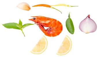 Top view set of Thai soup ingredients with red cooked prawn or shrimp isolated on white background with clipping path photo