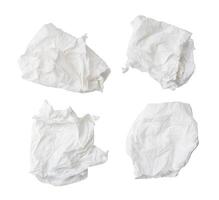 Top view set of crumpled tissue paper balls after use in toilet or restroom isolated on white background with clipping path photo