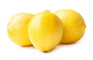 Three whole fresh beautiful yellow lemons in stack isolated on white background with clipping path. photo