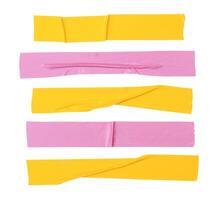 Top view set of wrinkled yellow and pink adhesive vinyl tape or cloth tapes in stripe shape isolated on white background with clipping path photo