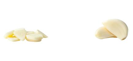 Front view set of white garlic cloves and slices or pieces in stack isolated on white background with clipping path photo