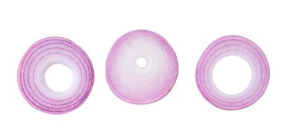 Top view set of red or purple onion slices or onion rings isolated on white background with clipping path photo