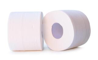Front view of tissue paper or toilet paper rolls in stack isolated on white background with clipping path photo