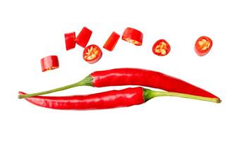 Top view set of red chili peppers with slices isolated on white background with clipping path photo
