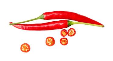 Top view set of red chili peppers with slices or pieces isolated on white background with clipping path photo