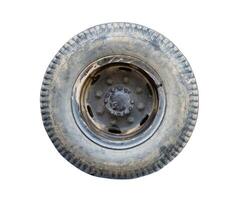 Side view of single big old dirty wheel isolated on white background with clipping path photo