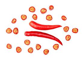 Top view set of red chili pepper with slices isolated on white background with clipping path photo