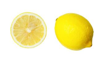 Top view of fresh yellow lemon fruit with some drops and half isolated on white background wiht clipping path photo