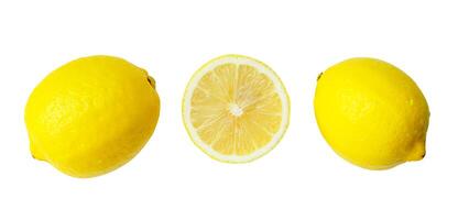 Top view of fresh yellow lemon fruits with some drops and half isolated on white background wiht clipping path photo