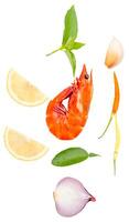 Top view set of Thai soup ingredients with red cooked prawn or shrimp isolated on white background with clipping path photo