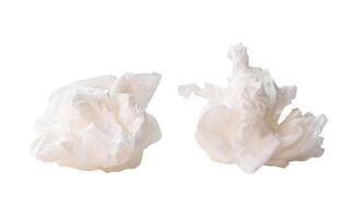 Front view set of crumpled tissue paper or toilet paper ball after use in toilet or restroom isolated on white background with clipping path photo