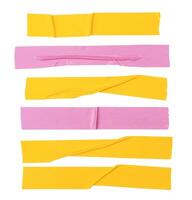 Top view set of wrinkled yellow and pink adhesive vinyl tape or cloth tapes in stripe shape isolated on white background with clipping path photo