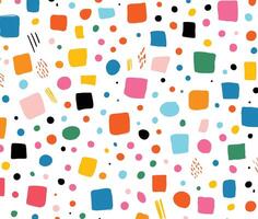 Cute, Colorful, Simple Doodle, Cartoonish Confetti Pattern on White Background, With Large Squares of Various Colors, Dots, Lines, Shapes, Flat Design Style, Simple Line Art, Flat Color Blocks vector