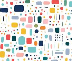 Cute, Colorful, Simple Doodle, Cartoonish Confetti Pattern on White Background, With Large Squares of Various Colors, Dots, Lines, Shapes, Flat Design Style, Simple Line Art, Flat Color Blocks vector