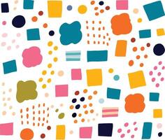 Cute, Colorful, Simple Doodle, Cartoonish Confetti Pattern on White Background, With Large Squares of Various Colors, Dots, Lines, Shapes, Flat Design Style, Simple Line Art, Flat Color Blocks vector