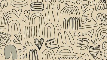 Doodle textures. Hand drawn abstract elements. Minimal simple patterns. Free forms. Geometric random shapes. Curves and lines prints. Flat scribble spirals and hearts. Recent vector set