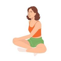 Young girl stretching and doing yoga exercises in the morning. Morning routine. Healthy lifestyle, training and sports. Vector illustration in flat style on a white background