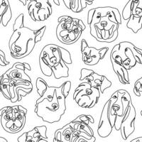 One continuous line drawing dogs vector Image. Single line minimal style dog portrait. Black and white seamless pattern with cute dogs different breed.