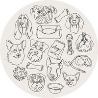 Set of one continuous line drawing dogs with toys and accessories vector circle isolated on a white background. Single line minimal style dog portrait. Black and white cute dogs different breed