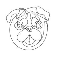 One continuous line drawing pug dog vector Image. Single line minimal style dog breed portrait. Cute puppy black linear sketch isolated on white background. Graphic drawing.