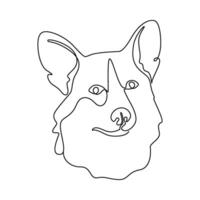 One continuous line drawing Welsh Corgi vector Image. Single line minimal style dog breed portrait. Cute companion puppy black linear sketch isolated on white background.