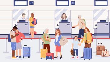 personas con equipaje a aeropuerto registrarse contadores. terminal escritorios durante registro para vuelo. pasajero controlar aerolínea personal comprobación Entradas, pasaportes, embarque pasa y equipaje. plano vector