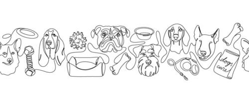 One continuous line drawing dogs with toys and accessories vector Image. Single line minimal style dog portrait. Black and white seamless border. Lovely hand drawn horizontal seamless pattern