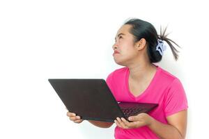 woman using laptop on white background ,Unhappy and angry mood. photo