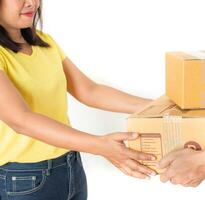 Women are happy to receive big box parcels. photo