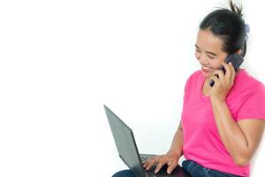 woman using laptop on white background photo