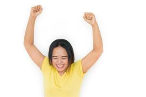 Happy woman raising hands. Happy mood. Isolated on white. photo