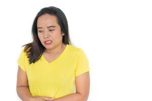 Woman stomach ache health care concept on white background isolation photo