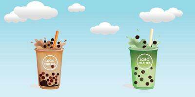 Set of two different Bubble teas. Chocolate tea with tapioca pearls. boba tea. Asian Taiwanese Drink. Cartoon style. Flat design. All elements are isolated vector