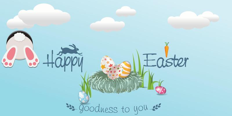 Easter banner with rabbit going in hole and beautifully painted eggs laid on the grass. Easter egg hunt concept or egg decoration art.