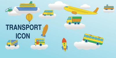 Set of colored Public Transport Icons. in the sky and above the clouds. vector