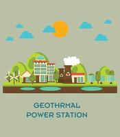 Geothermal power plant vector illustration. Example of industrial renewable green energy generation. Steam flows from hot underground air to the generator turbine and cooling tower.
