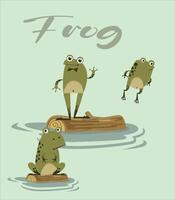Set of cute green frogs on the water. With Protruding Eyes Vector Illustration Set.