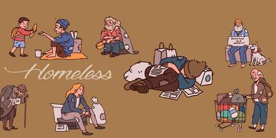 Homeless Cartoon Icon Set. Street homeless. The elderly, adults and children are neglected vector