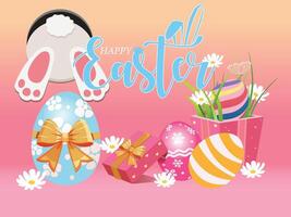 Pink background Easter banner. The rabbit goes in the hole and the beautifully painted egg is placed on the grass. Easter egg hunt concept vector