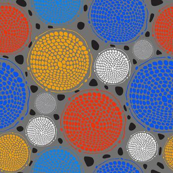 Vector geometric seamless pattern. Universal Repeating abstract circles figure in red, blue, yellow and gray colors.